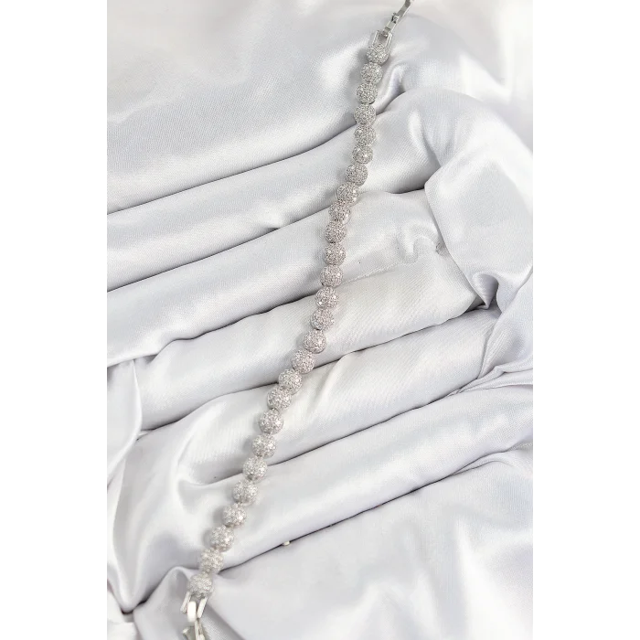 Pirinç Zirkon Taşlı Yarım Topcuk Model Gümüş Renk VIP Seri Kadın Bileklik