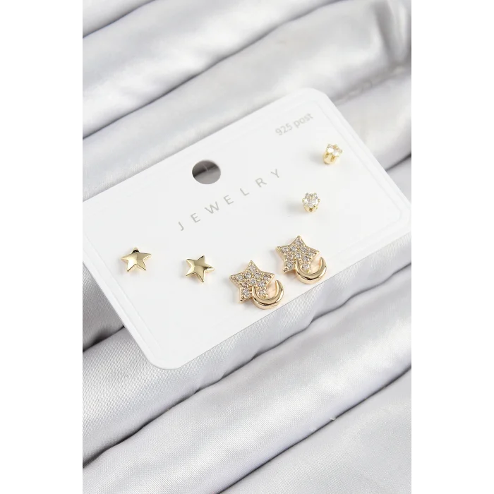 Pirinç Zirkon Taşlı Yıldız Model Gold Renk 925 Ayar Gümüş Çivi Kadın Küpe Set