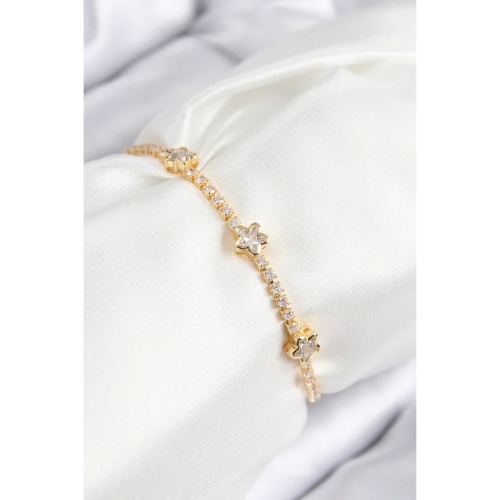 Pirinç Zirkon Taşlı Yıldız Model Gold Renk Asansörlü Kadın Bileklik