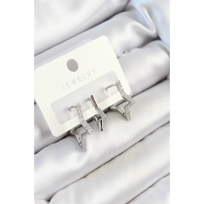Pirinç Zirkon Taşlı Yıldız Model Gümüş Renk 3lü Çift Kadın Küpe Set