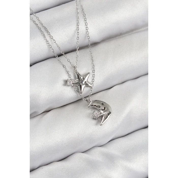 Pirinç Zirkon Taşlı Yıldız Ve Ay Model Gümüş Renk Kadın Kolye