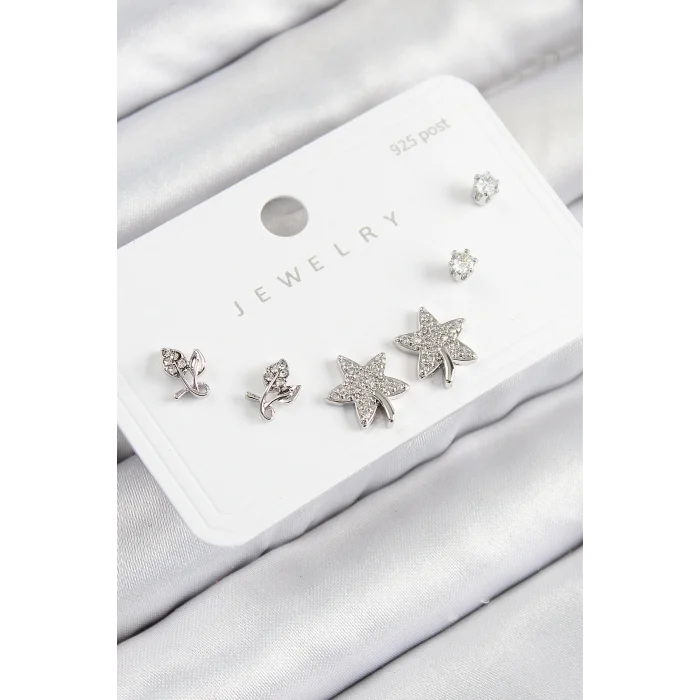 Pirinç Zirkon Taşlı Yıldız Ve Gül Model Gümüş Renk 925 Ayar Gümüş Çivi Kadın Küpe Set