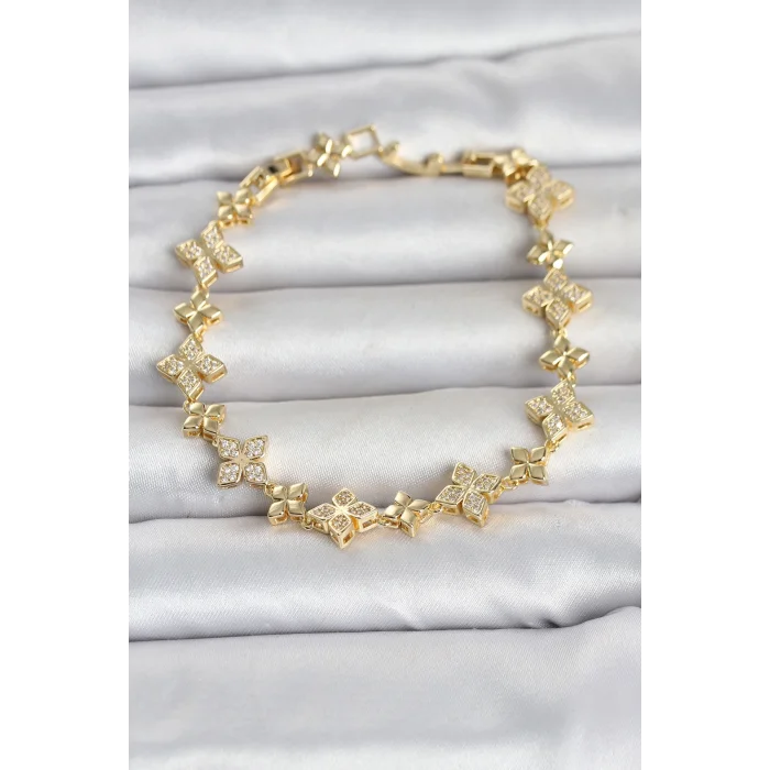 Pirinç Zirkon Taşlı Yonca Model Gold Renk Kadın Bileklik