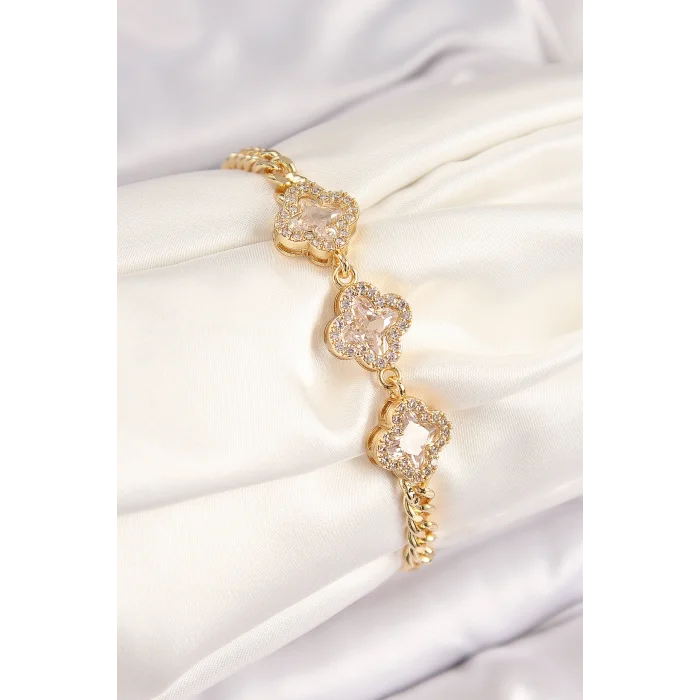 Pirinç Zirkon Taşlı Yonca Model Gold Renk Kadın Bileklik