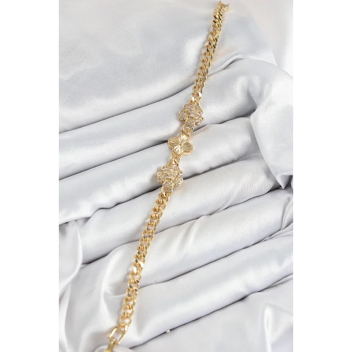 Pirinç Zirkon Taşlı Yonca Model Gold Renk Kadın Bileklik
