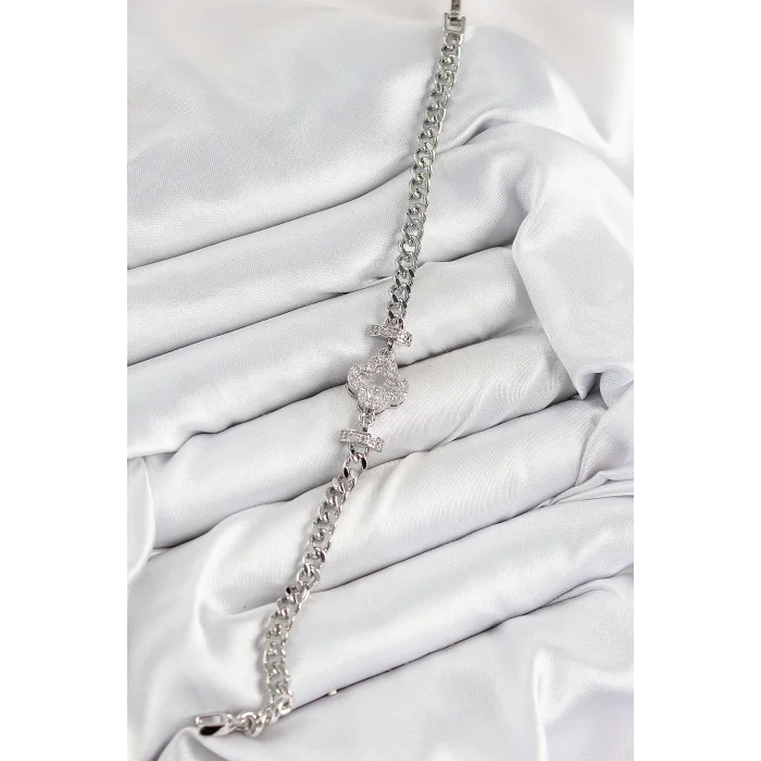 Pirinç Zirkon Taşlı Yonca Model Gümüş Renk Kadın Bileklik