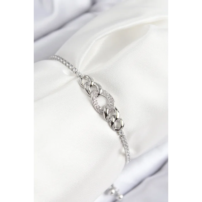 Pirinç Zirkon Taşlı Zincir Model Gümüş Renk Asansörlü Kadın Bileklik