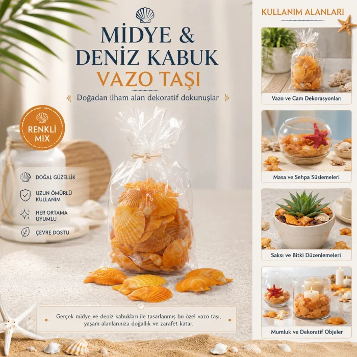 POŞETLİ RENKLİ MİX MİDYE - DENİZ KABUK VAZO TAŞI (5047)