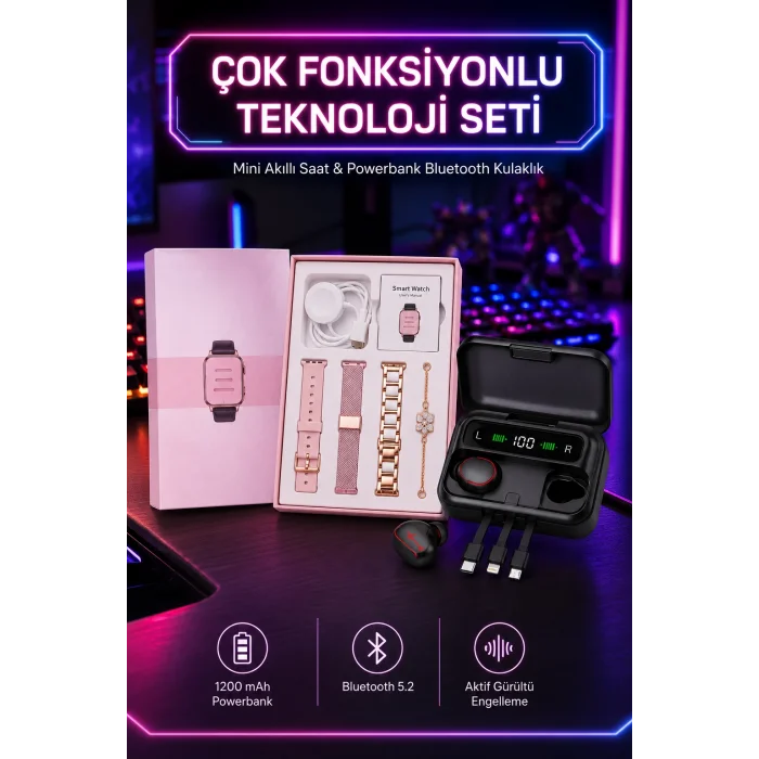 Powerbank Özellikli Bluetooth Kulaklık ve Nabız Ölçer Akıllı Saat Bileklik Hediyeli