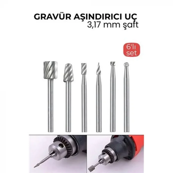 Premium 6’lı Karbür Gravür ve Taşlama Uç Seti – 3.17mm Şaft Profesyonel Oyma ve Aşındırma Seti