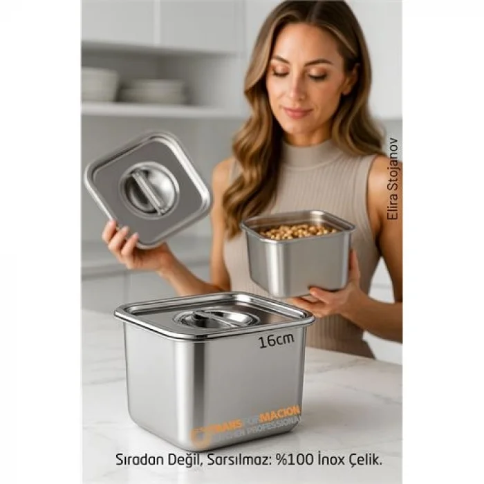 Premium Inox Saklama Kabı - Hava Sızdırmaz Mutfak Düzenleyici 16x12 cm 304 Paslanmaz Çelik