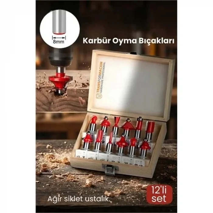 Profesyonel 12li Ahşap Freze Ucu Seti 8mm Şaft | Rulmanlı Karbür Oyma ları Ahşap Kutulu