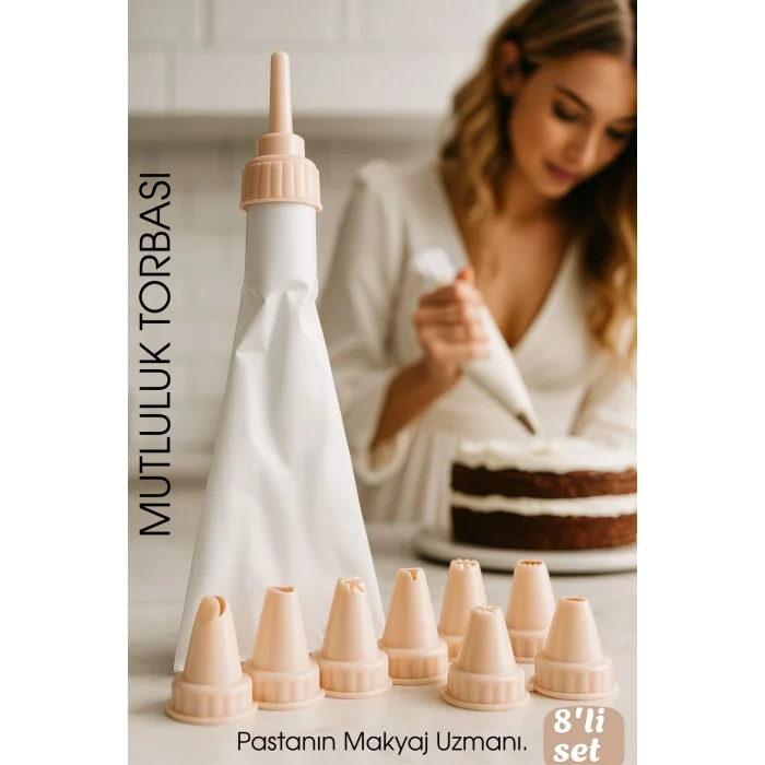 Profesyonel 8'li Krema Sıkma Torbası Seti | Pastacılık Dekorasyon Uçları ve Fırfır Başlıkları