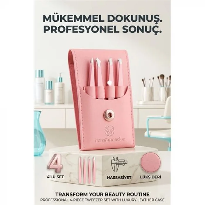 Profesyonel Kaş Alma Cımbız Seti - 4lü Paslanmaz Çelik ve Özel Deri Taşıma Çantalı 723129