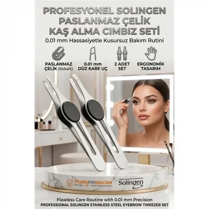 Profesyonel Kaş Cımbızı 2li Set  Çelik Düz Uçlu Tüy Alma Cımbızı Solingen Professional 718965