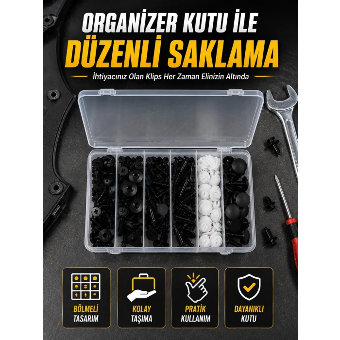 Profesyonel Oto Klips Tamir Seti 6 Farklı Model Plastik Sabitleme Pimi Organizer Kutulu