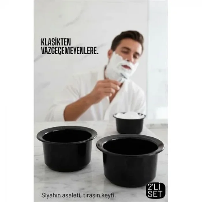 Profesyonel Siyah Tıraş Tası 2 Li Set - Berber Tipi Ergonomik Sabun Köpürtme Kabı - 719653