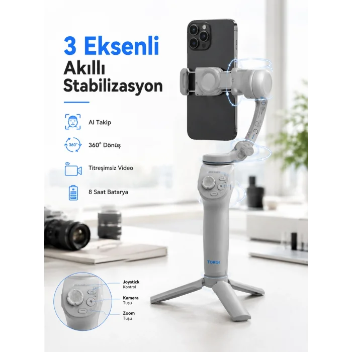 Profesyonel Telefon Gimbal Stabilizer 3 Eksen Sabitleme Çoklu Çekim Modları Uzun Pil Ömürlü Taşınabilir Tasarım