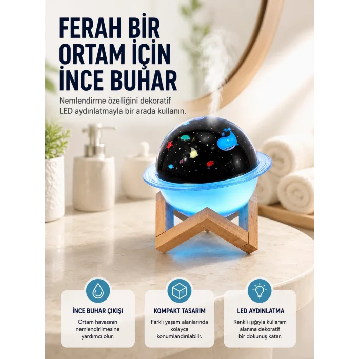 Projektör ışığı bulunan USB bağlantılı mini aromaterapi destekli hava nemlendirici