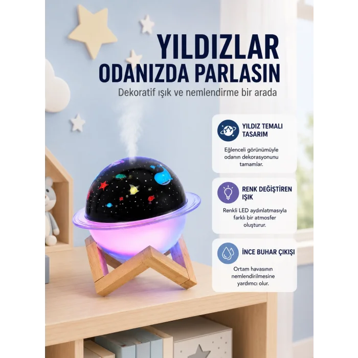Projektör ışıklı ve aromaterapi destekli taşınabilir nemlendirici cihaz USB bağlantılı