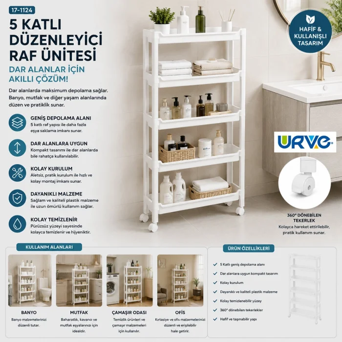 RAFTY 5 KATLI TEKERLEKLİ SEPET ORGANİZER DÜZENLEYİCİ RAF ÜNİTESİ 465X145X850MM (5047)