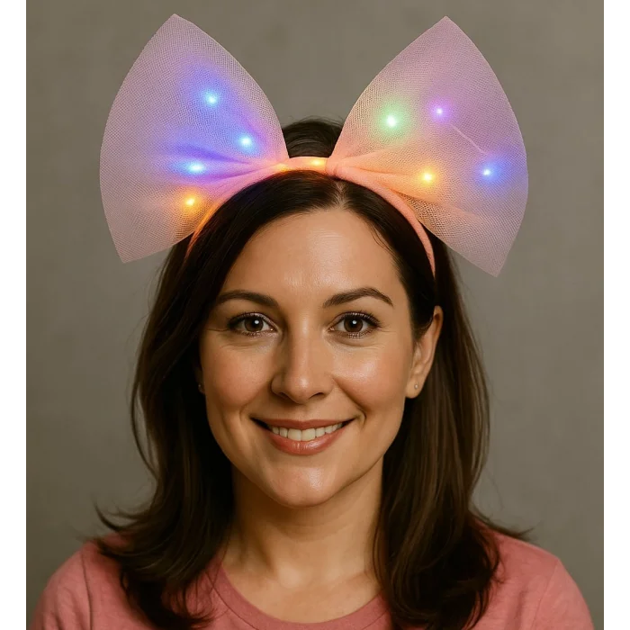 Rengarenk Led Işıklı Fiyonk Şekilli Tül Parti Tacı Pembe Renk 25x25 cm