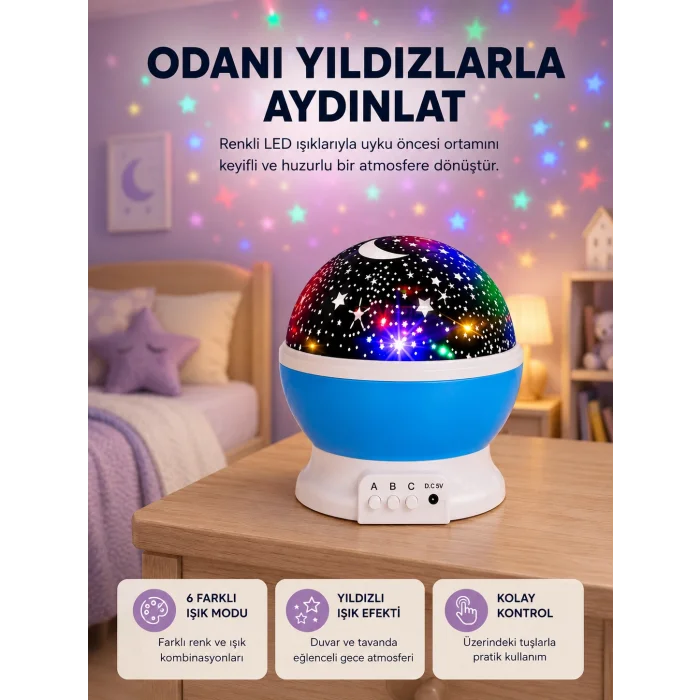 Renkli LED Gece Lambası 6 Işık Modlu Çocuk Odası Atmosfer Aydınlatma
