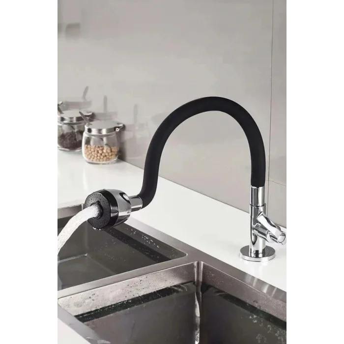 Renkli Silikonlu Oynar Başlıklı 2 Fonksiyonlu Spiral Musluk Başlığı - Siyah (5047)