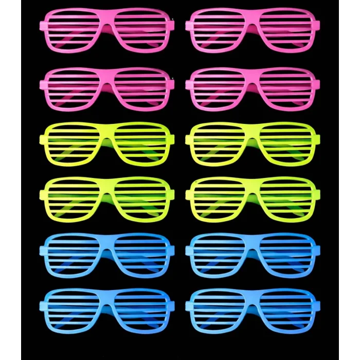 Retro Neon Fosforlu Panjur Gözlük 12 Adet – 80’ler 90’lar Parti Stili (5047)
