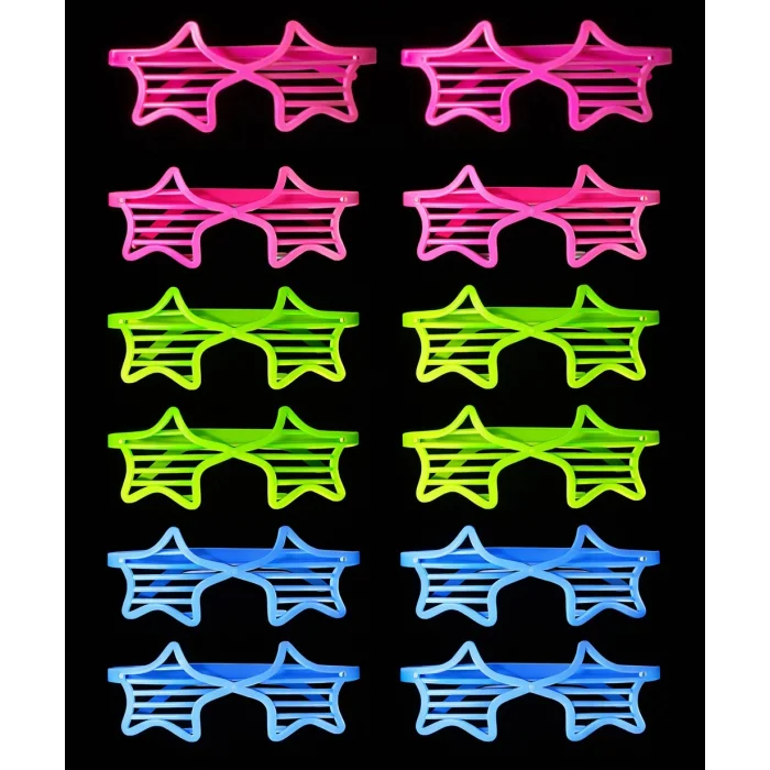 Retro Neon Fosforlu Yıldız Panjur Gözlük 12 Adet – 80’ler 90’lar Parti Stili
