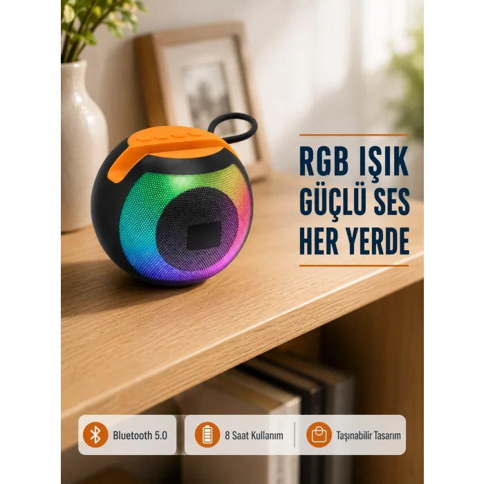 RGB Işıklı Bluetooth Hoparlör – 360° Stereo Ses ve 8 Saat Çalma Süresi
