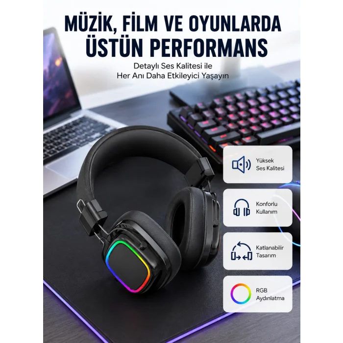 RGB Işıklı Katlanabilir Bluetooth 5.3 Kulak Üstü Kulaklık