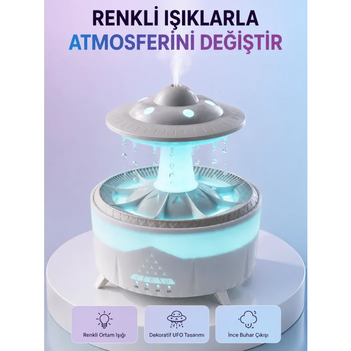 RGB Işıklı Yağmur Efektli Hava Nemlendirici 350 ML Sessiz Çalışma Uzaktan Kumanda