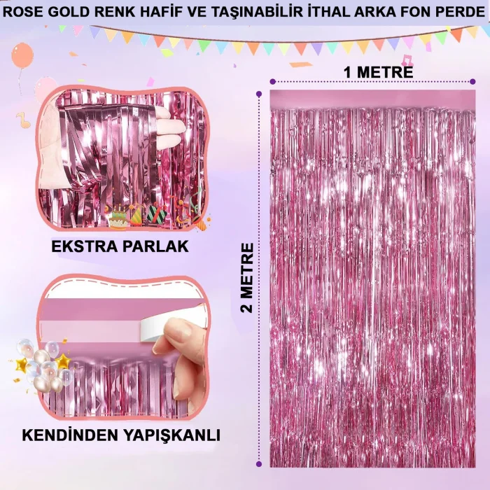 Rose Gold Renk Ekstra Metalize Parlak Saçaklı Arka Fon Perde İthal A Kalite 1x2 Metre (5047)