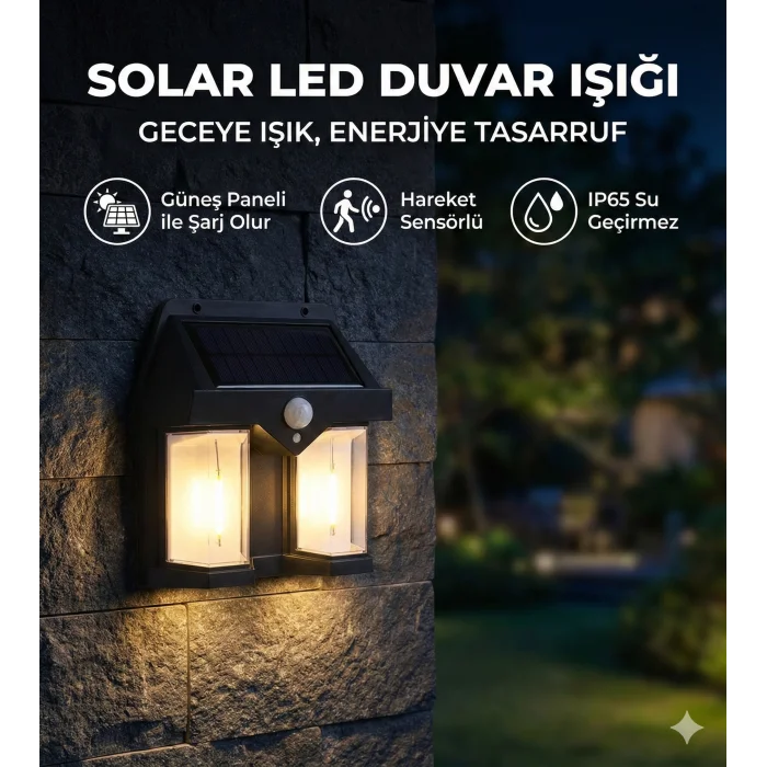 Rustik Ampul İkili Solar Duvar Aplik Güneş Enerjili Hareket Sensörlü