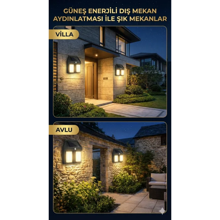 Rustik Ampul İkili Solar Duvar Aplik Güneş Enerjili Hareket Sensörlü