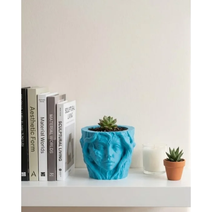 Sanatsal Kadın Yüzü Ağaç Detaylı 3D Baskı Dekoratif Vazo Saksı