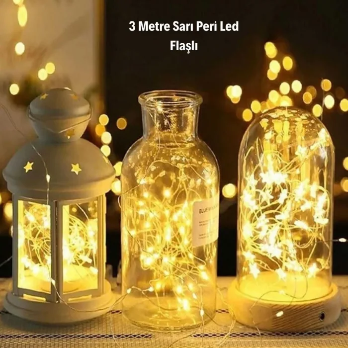 Sarı Peri LED Flaşlı Işık – 3 Metre Dekoratif Oda ve Organizasyon Aydınlatması (5047)