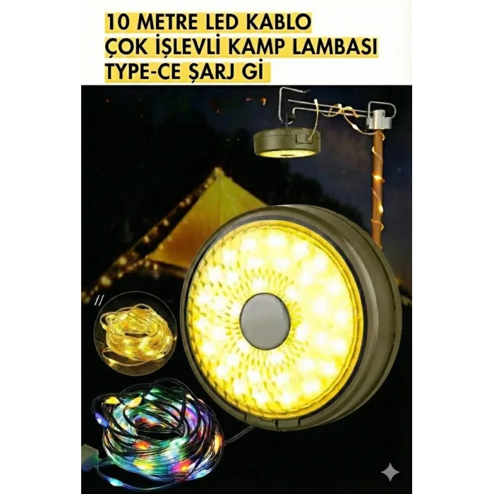 Şarjlı 10 Metre Ledli Şarj Göstergeli 8 Işık Modlu Hareketli Ve Flaşör Modlu Kamp Lambası Led Işık