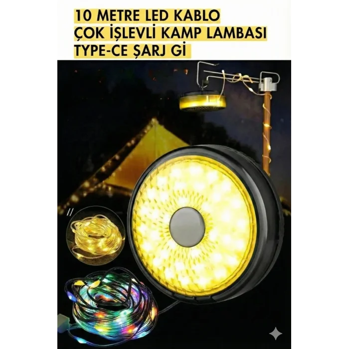 Şarjlı 10 Metre Ledli Şarj Göstergeli 8 Işık Modlu Hareketli Ve Flaşör Modlu Kamp Lambası Led Işık
