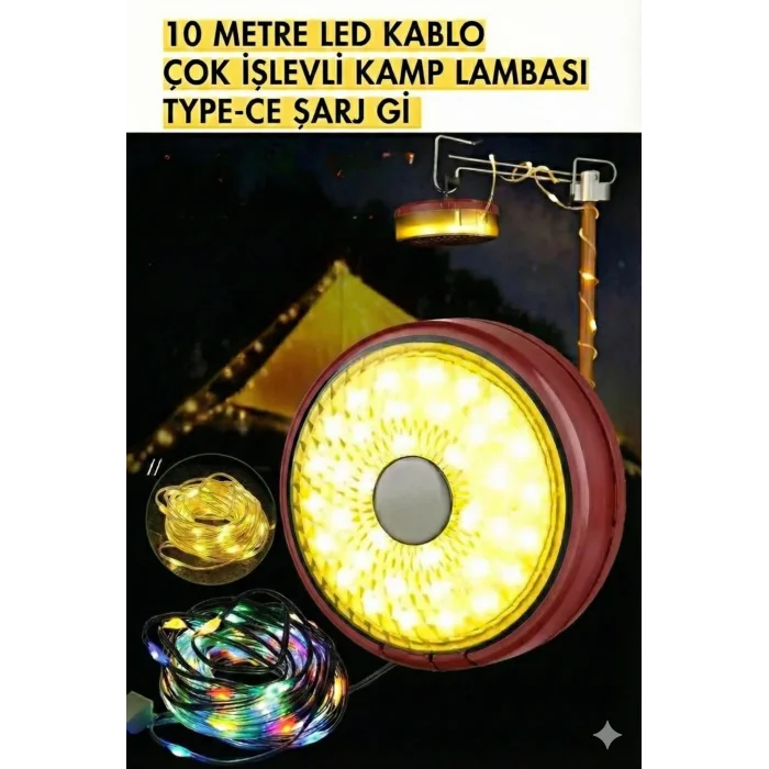 Şarjlı 10 Metre Ledli Şarj Göstergeli 8 Işık Modlu Hareketli Ve Flaşör Modlu Kamp Lambası Led Işık