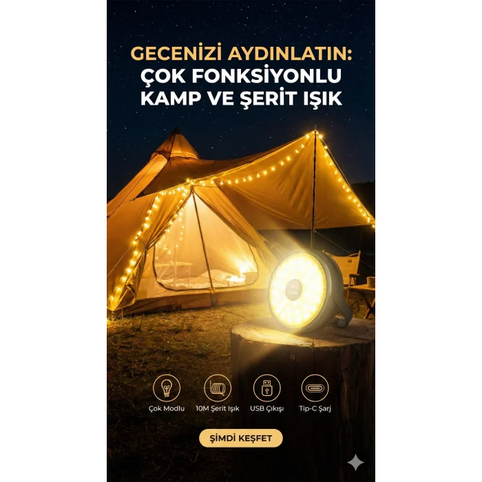 Şarjlı 10 Metre Ledli Şarj Göstergeli 8 Işık Modlu Hareketli Ve Flaşör Modlu Kamp Lambası Led Işık