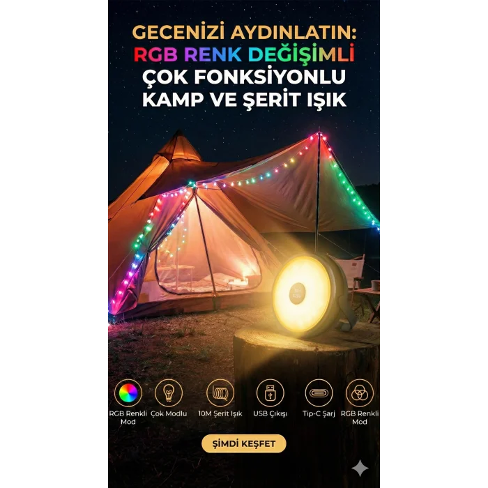 Şarjlı 10 Metre Ledli Şarj Göstergeli 8 Işık Modlu Hareketli Ve Flaşör Modlu Kamp Lambası Led Işık