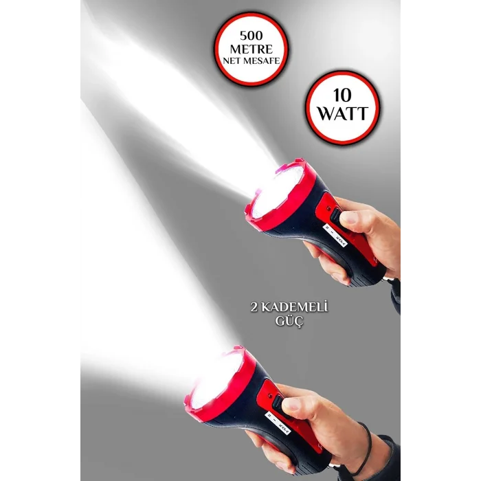 Şarjlı 10w Projektör Led El Feneri 2 Mod Aydınlatmalı Uzun Menzil Güvenlik Bekçi  Feneri Işıldak