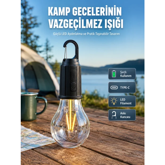 Şarjlı Aydınlatma Ampul Tasarımlı Ambians Işık Askılı Kamp Lambası