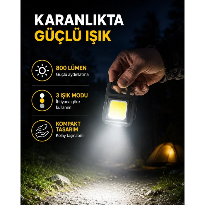 Şarjlı COB LED Anahtarlık Fener – 4 Modlu, Manyetik ve Katlanabilir Standlı Yeni Nesil