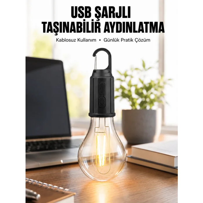 Şarjlı Dekoratif Kamp Lambası Askılı Ampul Led Işık Type-C Girişli
