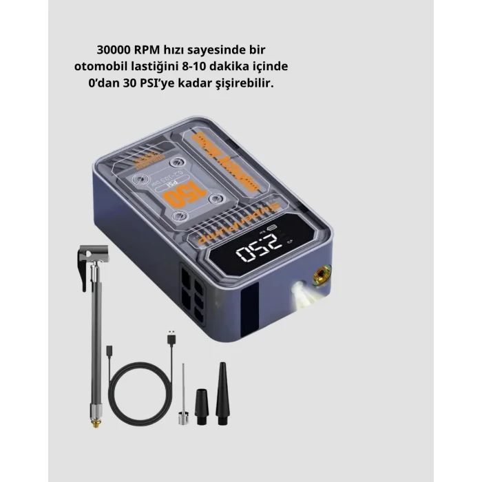 Şarjlı Kablosuz Hava Pompası – 150 PSI Basınç, LED Ekran ve 6000mAh Batarya