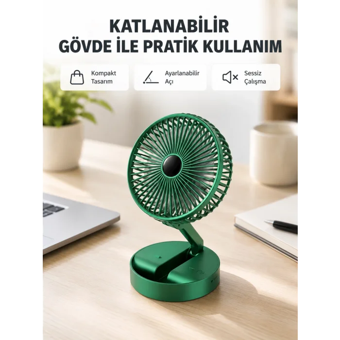 Şarjlı Katlanabilir Mini Fan – 3 Kademe Hız Ayarı, Taşınabilir Tasarım
