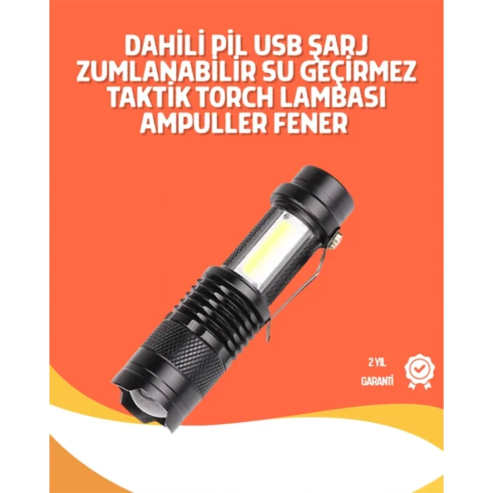 Şarjlı LED El Feneri - 14500 Pil Dahil, 4 Işık Modu, Mini Boy